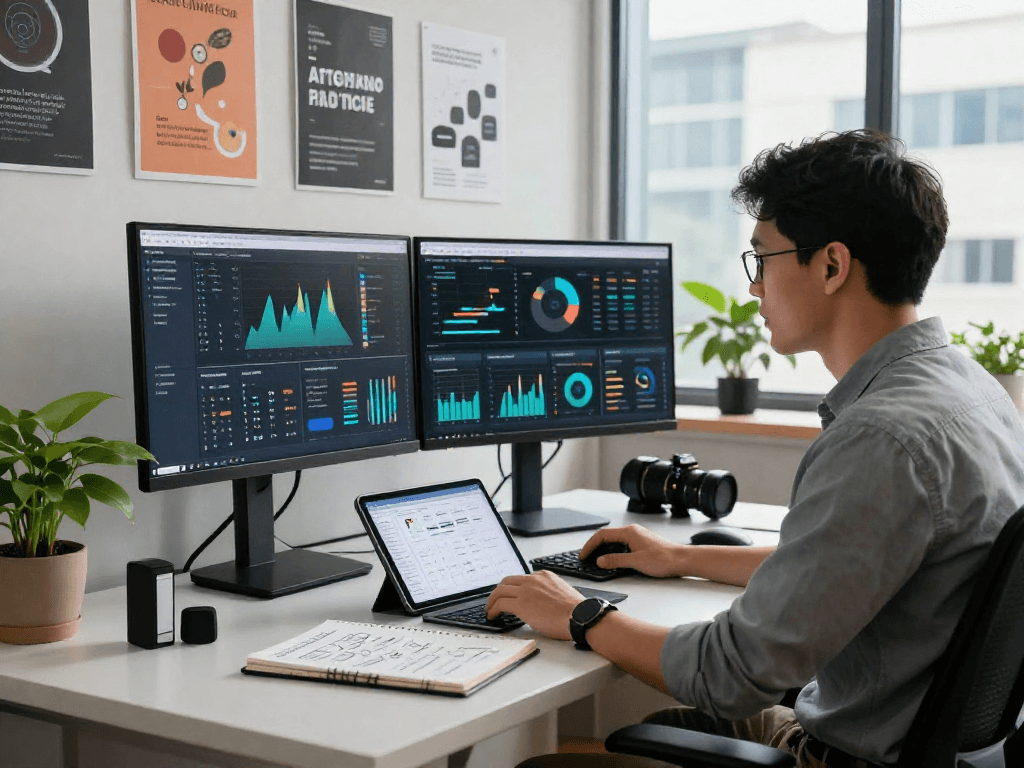 Data analyst at a modern workspace highlighting crushon ia analytics tools and vibrant office elements.