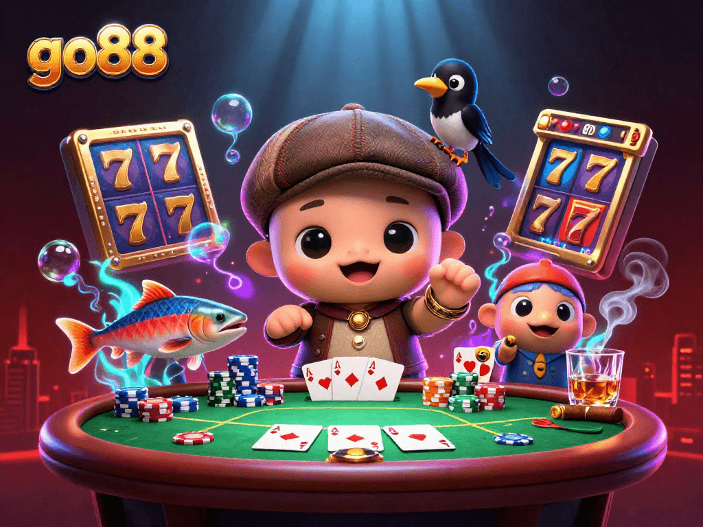 Engage in thrilling gameplay with go88's vibrant slot reels and unique characters in a dynamic scene.