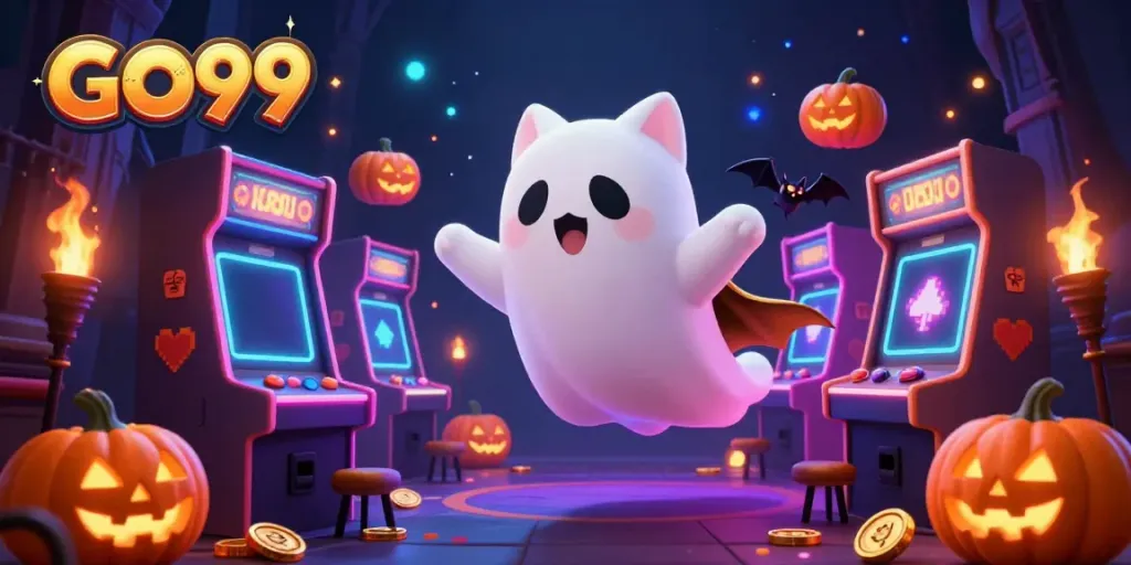 Engage with GO99 in a haunted casino scene featuring a ghost cat and vibrant game elements.