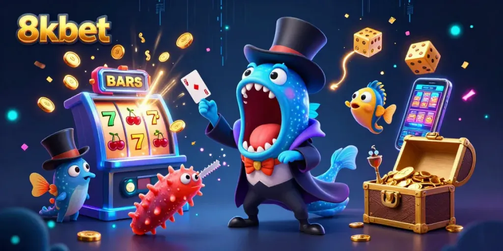 Experience thrills with 8xbet's magical casino world featuring vibrant slot machines and deep-sea characters.