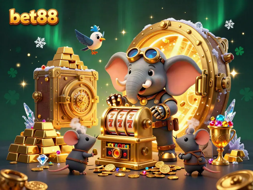 Spin the golden slot machine with bet88 and collect treasures in a vibrant casino scene.
