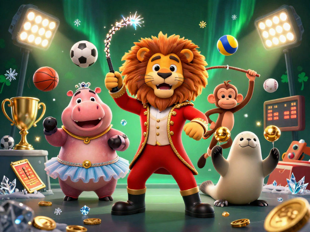Bet on judi bola with thrilling scenes of sports action, featuring animated ringmaster and playful characters.