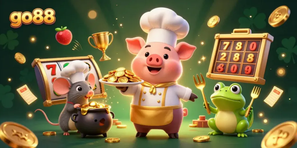 Experience the excitement of go88 with a vibrant casino scene featuring a chef pig and treasures.