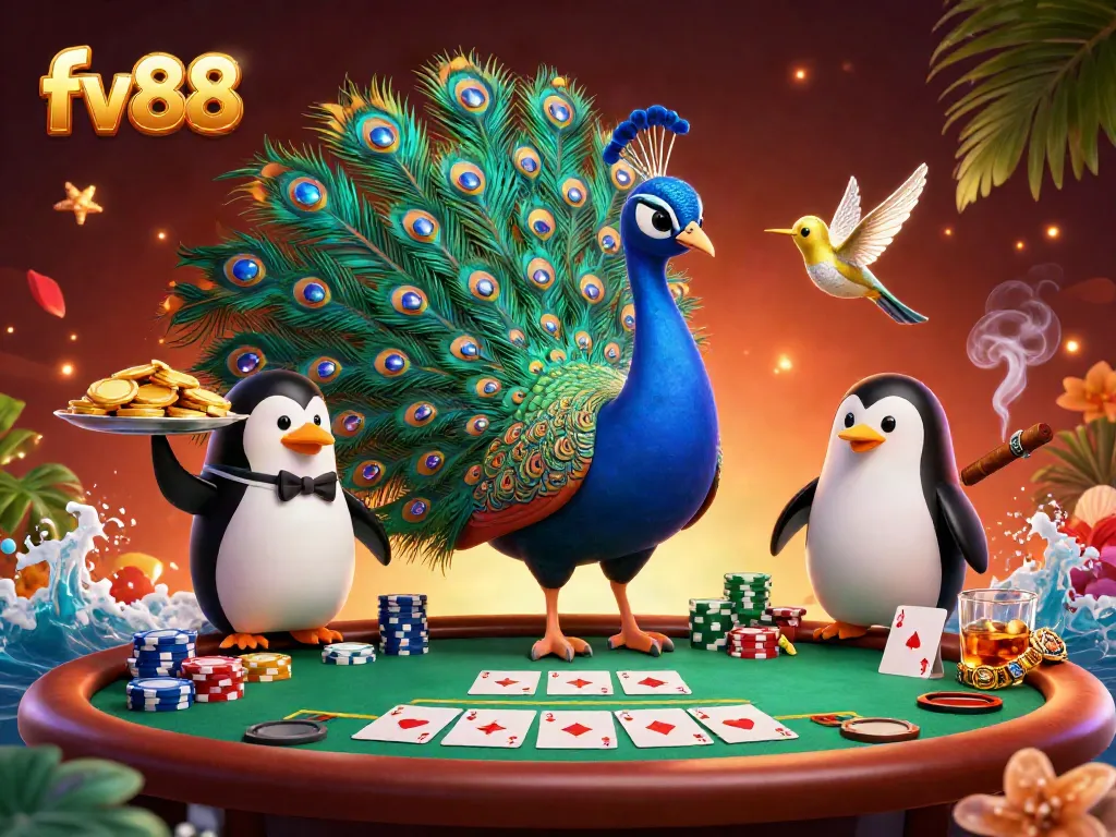 Experience the excitement of fv88 with vibrant poker scene featuring gemstone peacock and golden hummingbird.