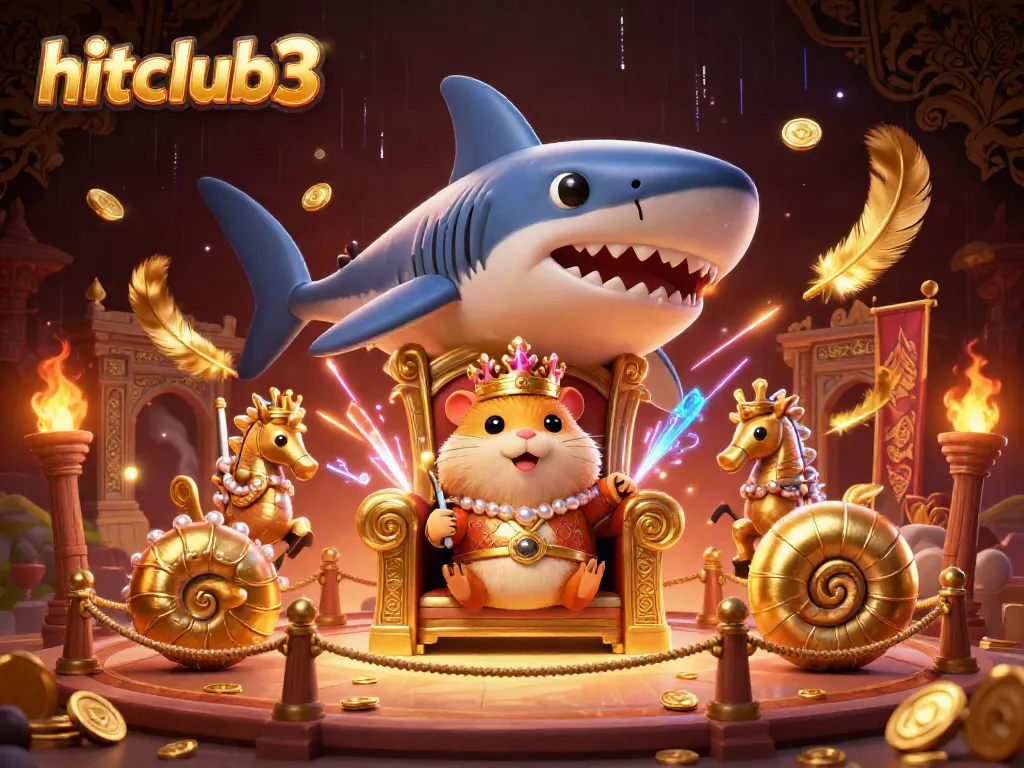 Hitclub3 showcases an online casino adventure with a fierce golden hamster king, seahorse guards, and vibrant game elements.