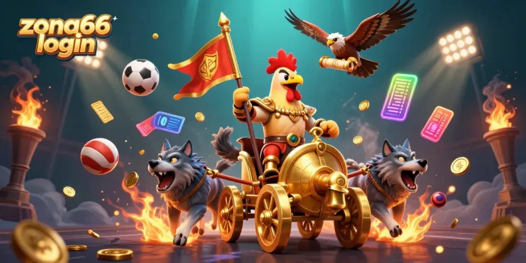 Experience the thrill of gaming with zona66 login, featuring an epic war chariot scene and dynamic sports elements.