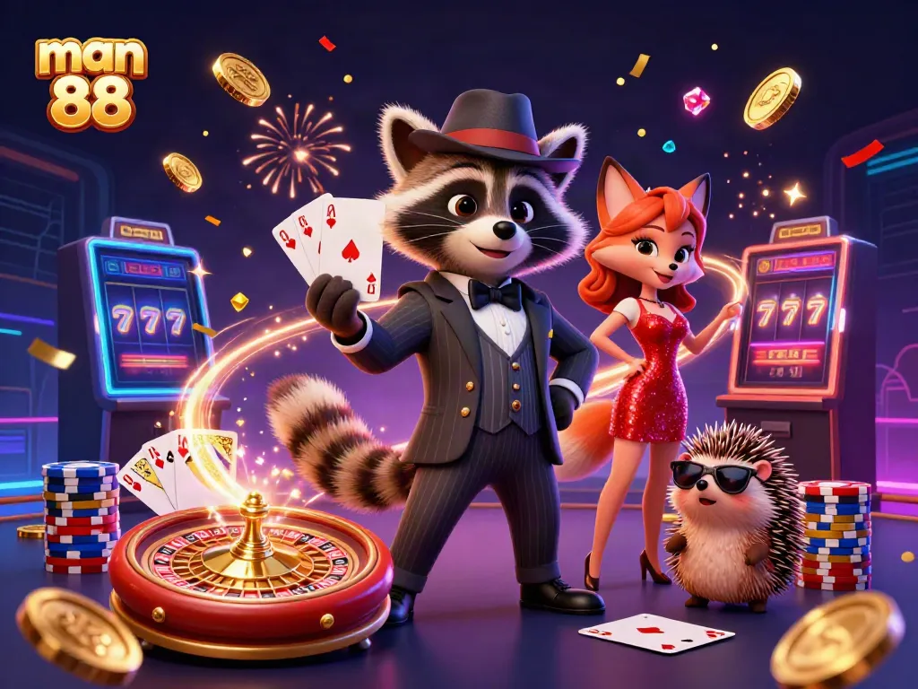 Experience the excitement of man 88 with a charming raccoon in a casino setting, showcasing vibrant gaming elements.