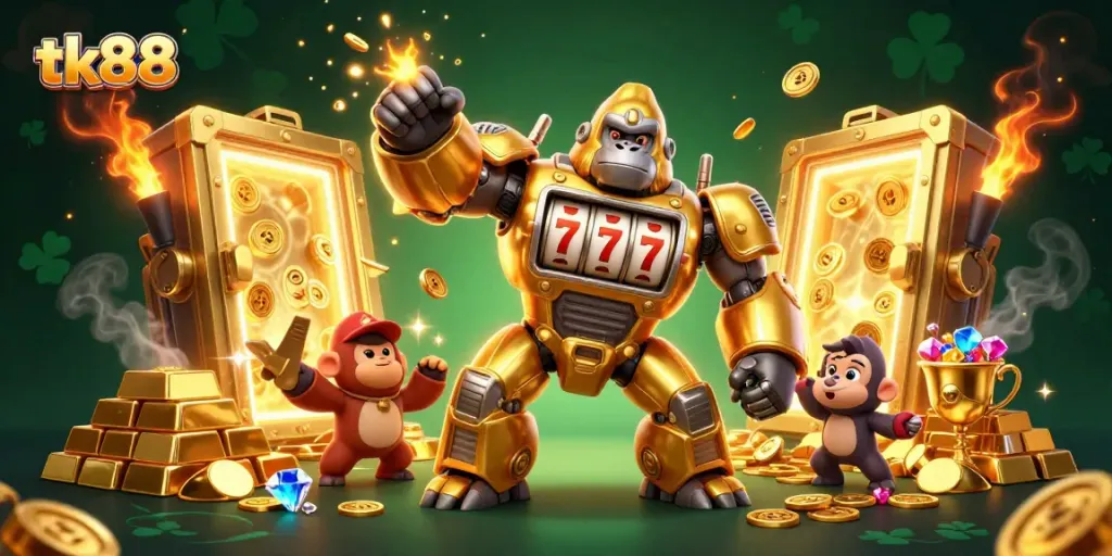 Engage in thrilling action with tk88 in a vibrant 3D casino scene featuring explosive wins.