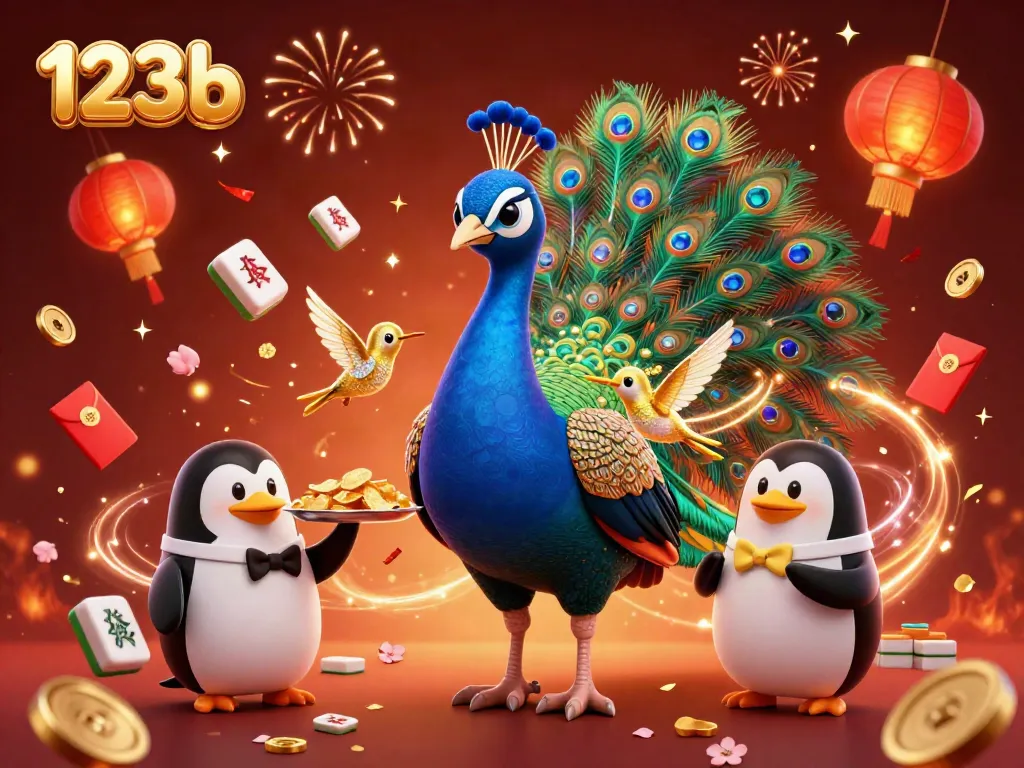 Experience an exciting gaming moment at 123b, with vibrant characters and festive casino elements.