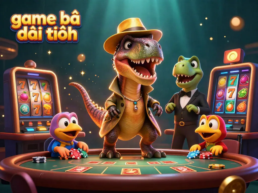 Experience the excitement of game bài đổi thưởng with a velociraptor card counter in a lively casino scene.