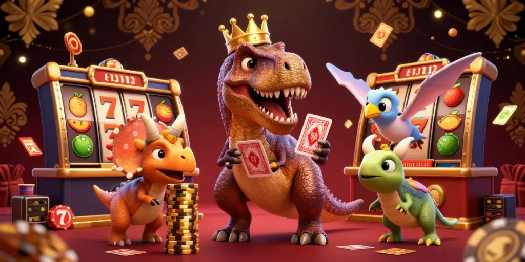 VUA88 showcases a friendly T-Rex and triceratops shuffling cards, symbolizing exciting casino play.