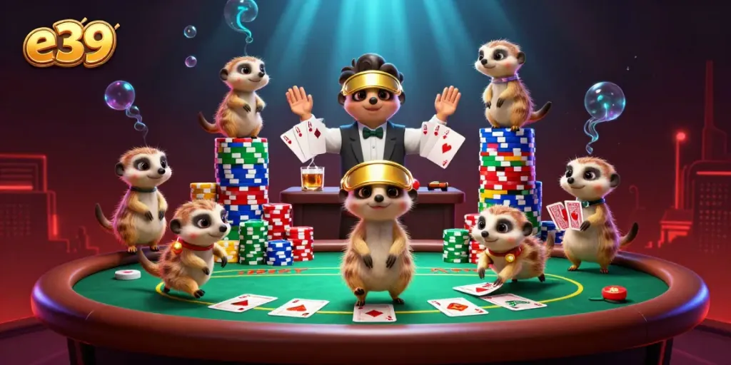 E39 meerkats manage a vibrant casino, showcasing excitement at poker tables with colorful chips and glowing effects.