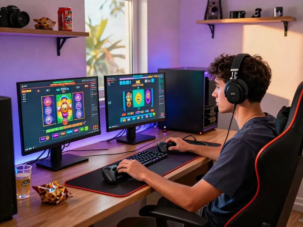 Player engaging with an online slot game at a vibrant gaming setup, showcasing modern technology and lively atmosphere.