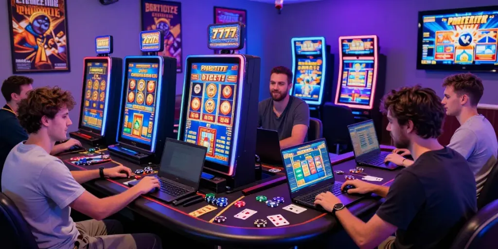 Group playing slot777 games in a vibrant online casino setting