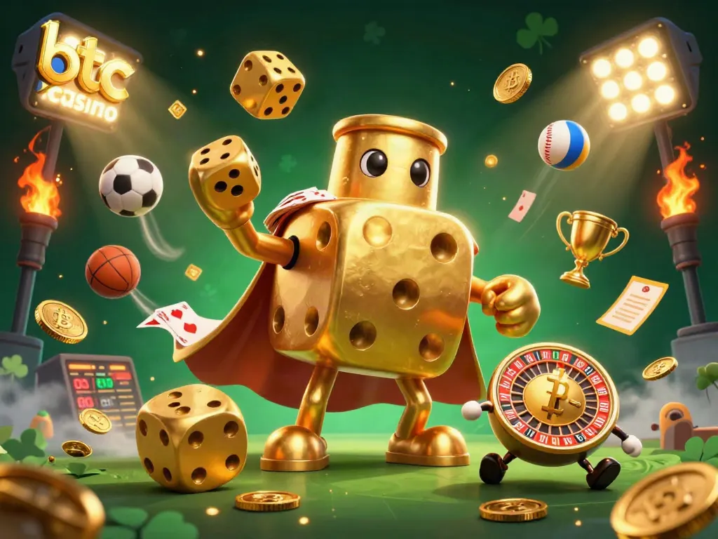 Experience dynamic btc casino action with golden animated dice, Bitcoin coins, and vibrant game elements.