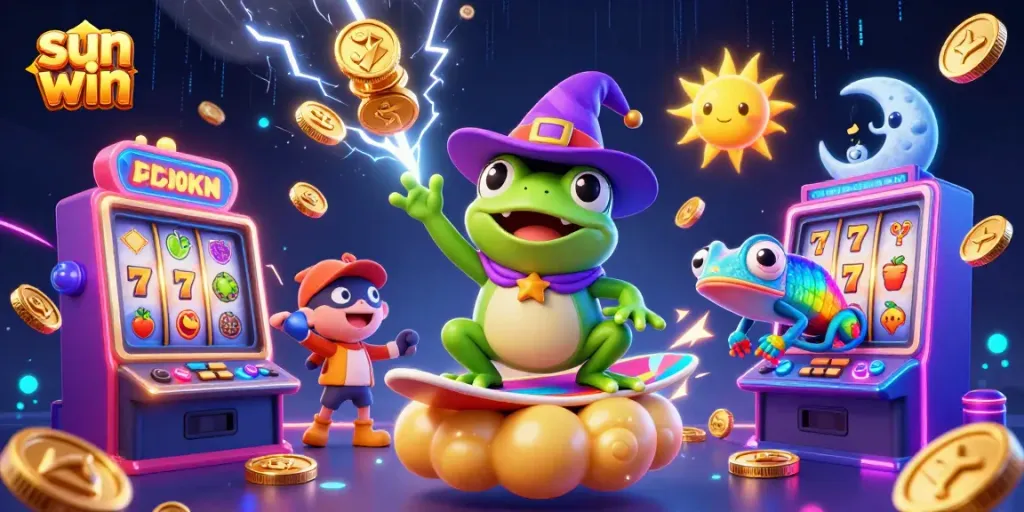 Experience fun with sun win as the wizard frog conjures a storm of golden coins amidst colorful slots.
