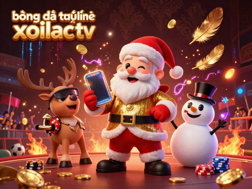 Engage with bóng đá trực tuyến xoilac tv in a vibrant illustration featuring Santa, a reindeer dealer, and a poker chip snowman.