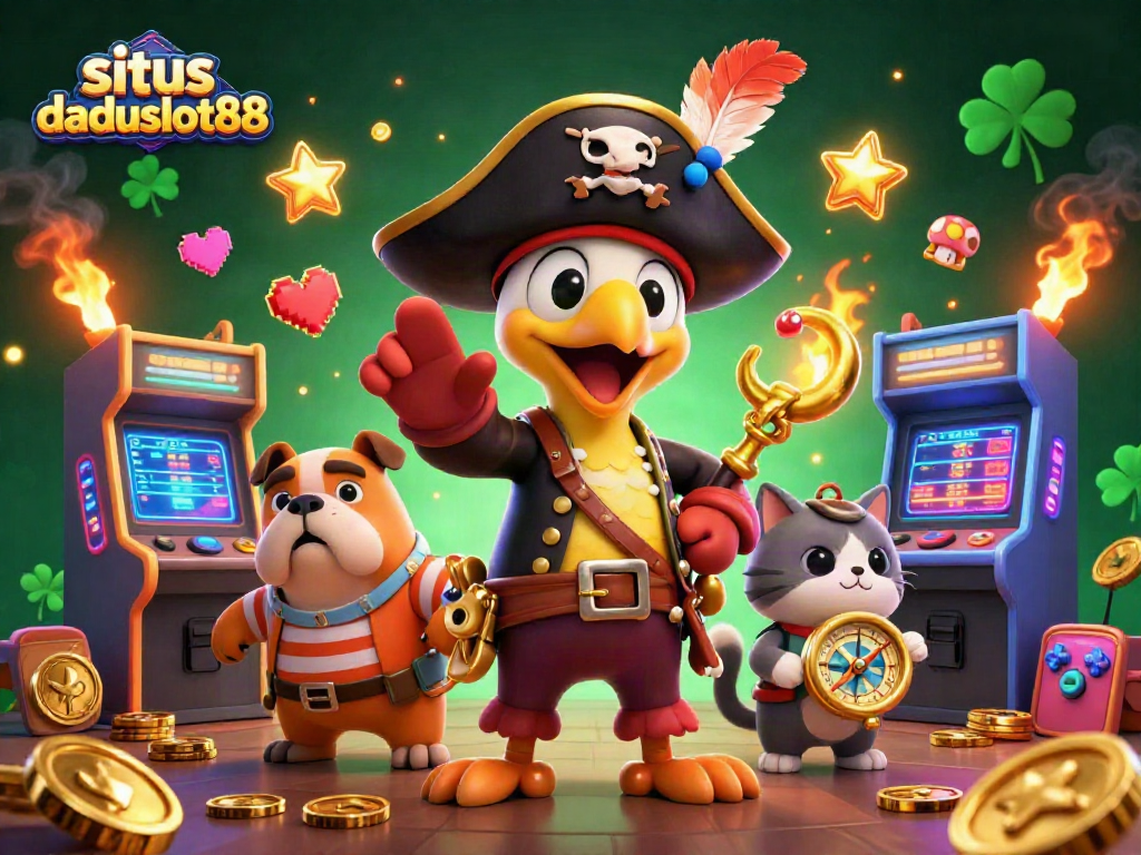Situs daduslot88 menggiurkan dengan gambar pemandangan kasino penuh warna dan karakter 3D menarik.