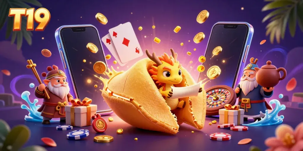 Play exciting games at T19, featuring a golden fortune cookie and slot game elements in a vibrant scene.