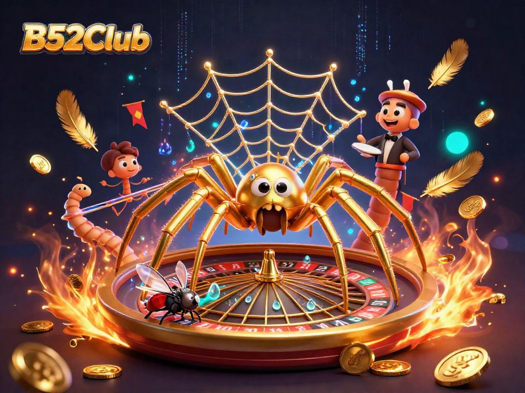 B52Club's thrilling roulette scene with a golden spider and lively characters spinning bets.