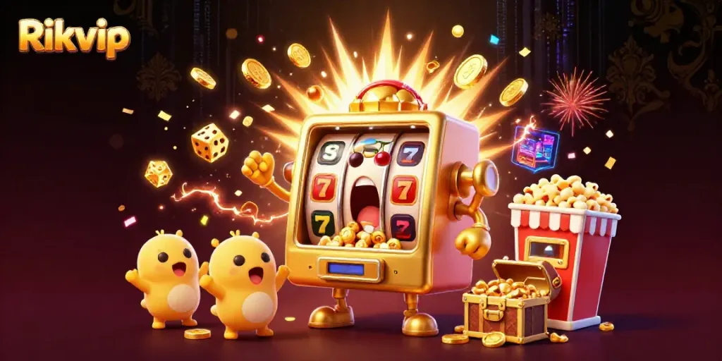 Experience the excitement of Rikvip's golden slot machine hitting its jackpot, surrounded by cheering baby slots.