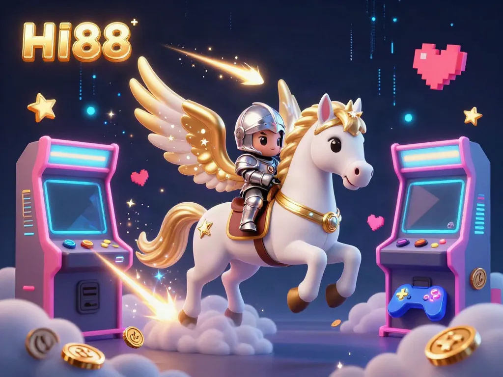 Engage with HI88 and its captivating gaming universe featuring an armored knight and a celestial horse amidst vibrant casino elements.