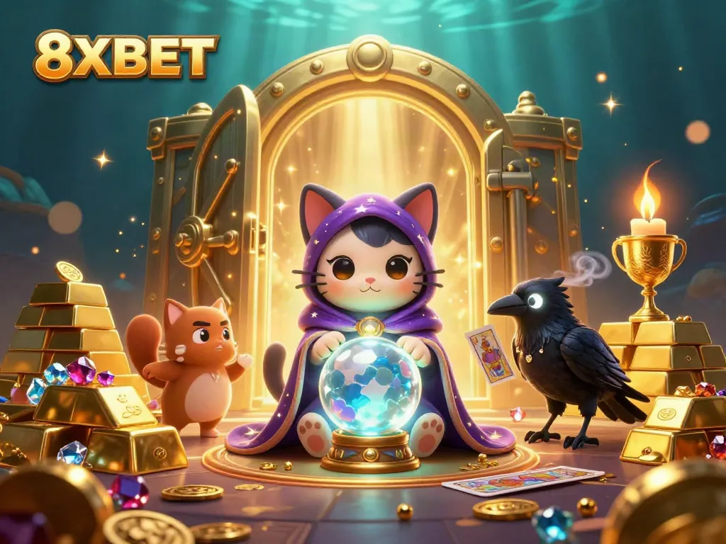 Experience thrilling wins with 8XBET at a mystical casino, featuring a fortune teller cat and treasures.