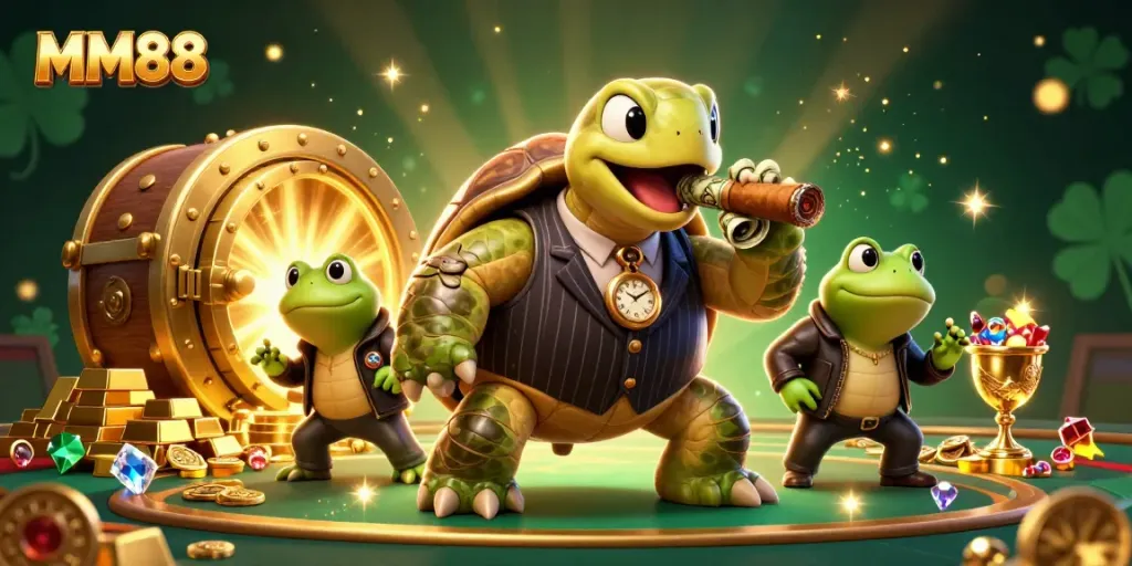 Engage with MM88, a vibrant casino scene showcasing a snapping turtle in mob attire with frog enforcers.