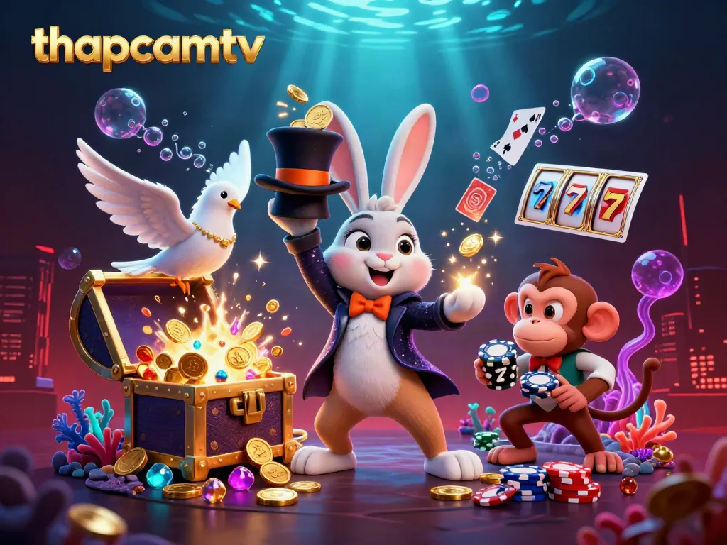 Experience thapcamtv with a magician rabbit, vibrant casino elements, and dynamic action in a colorful illustration.