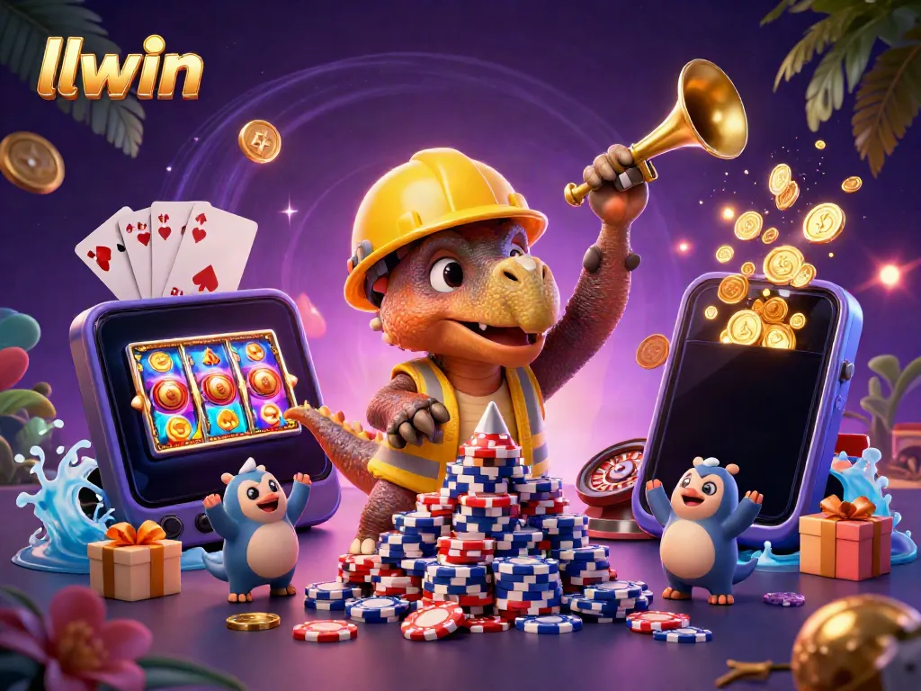 llwin showcases a lively casino celebration with cartoon characters, poker chips, and dynamic gaming elements.