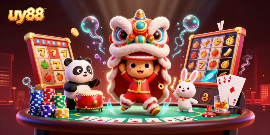 Experience the vibrant world of uy88 with exciting slot games and festive characters in action.