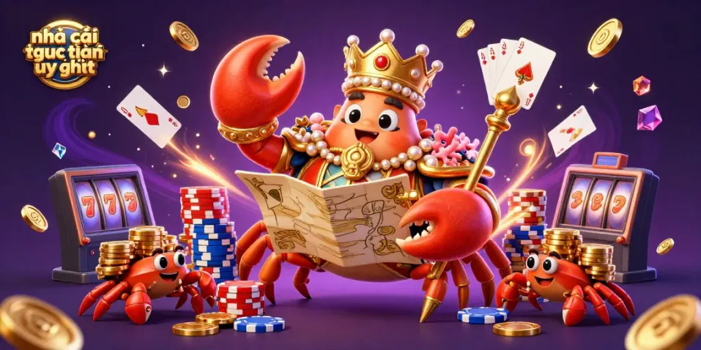 Engage with the vibrant world of nhà cái trực tuyến uy tín featuring a powerful crab emperor amidst golden treasures.