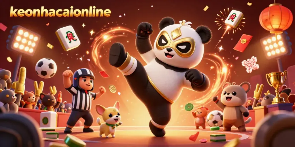 Engage with keonhacaionline as the panda wrestler delivers a flying kick in a festive sports betting scene.