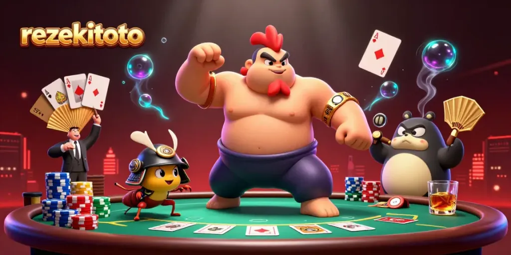 Rezekitoto showcases a lively poker scene with unique characters and dynamic visuals.