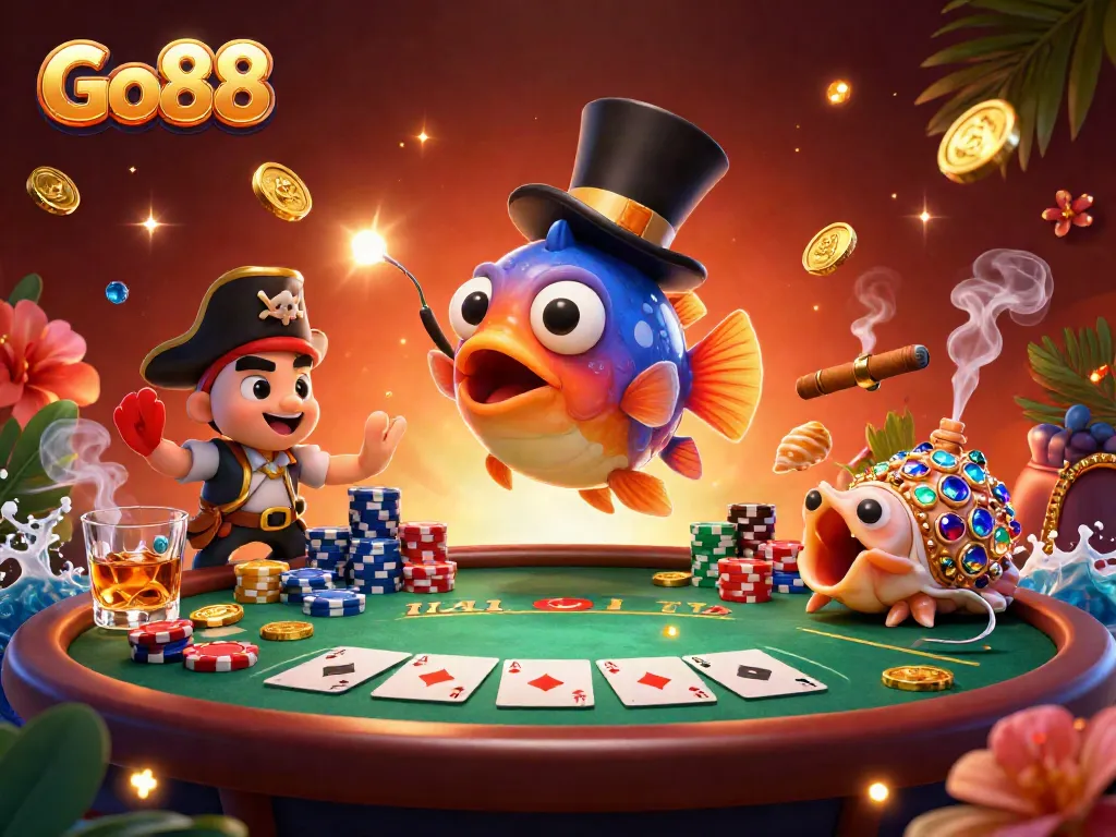 Engage with the vibrant Go88 casino scene featuring characters and gaming elements in a deep-sea adventure.