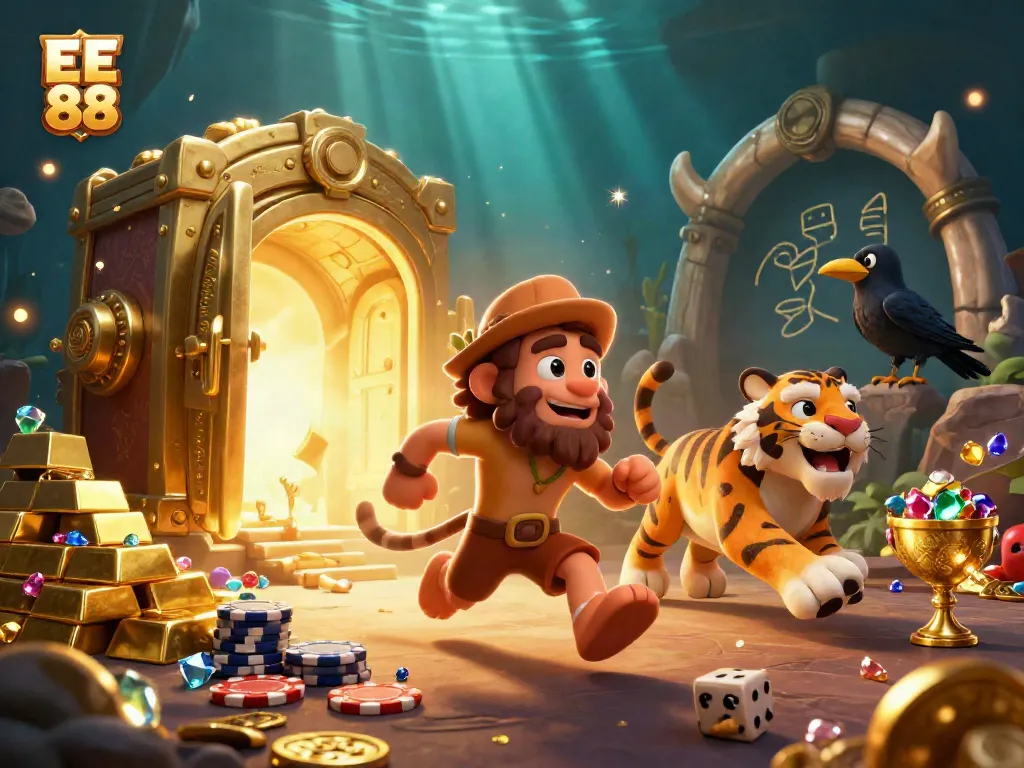 Experience the thrill of EE 88 casino with a dynamic scene showcasing vibrant 3D characters and gambling elements.