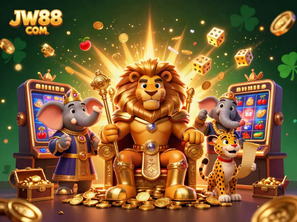 Experience thrilling jackpots at JW88 COM with dynamic casino elements featuring a lion king, elephant, and cheetah in a lively setting.