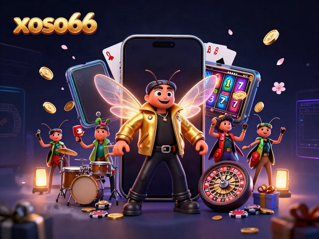 Xoso66 engages players with a vibrant 3D casino scene featuring exciting slot games and lively characters.