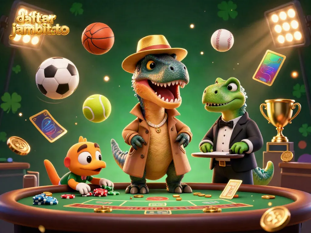 Engaging illustration of daftar jambitoto with a velociraptor card counter at a blackjack table amidst sports balls and exciting gaming elements.
