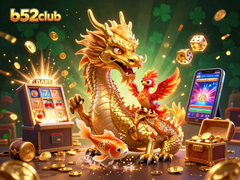 Experience the excitement of b52club with a vibrant slot machine and dynamic casino elements bursting with action.