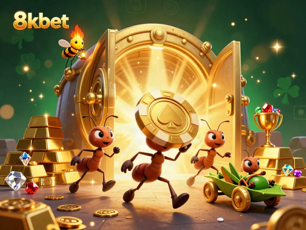 Experience the thrilling heist at 8kbet with cartoon ants navigating a treasure-filled tunnel.