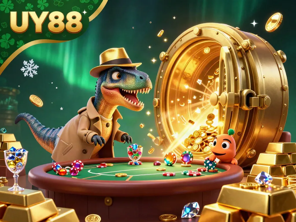 Engage in vibrant gaming with UY88, featuring a sneaky velociraptor gambling at blackjack.
