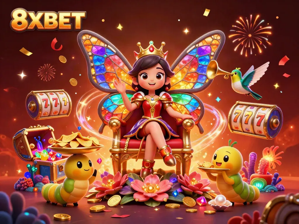 Engage with 8XBET's vibrant casino scene featuring a butterfly queen and rich gaming elements.