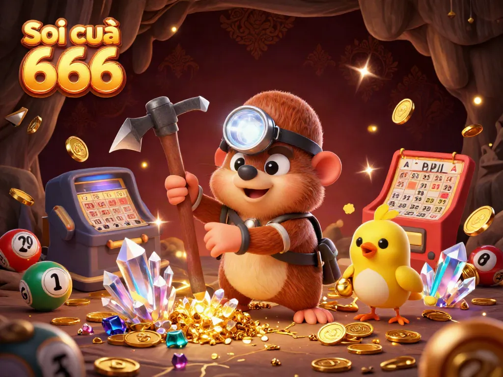 Soi cầu 666 engages lottery enthusiasts with vibrant 3D illustration of a treasure-seeking mole amidst glowing gems and lottery elements.