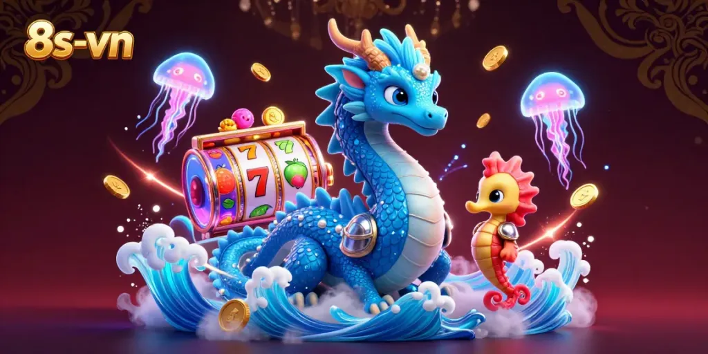 Engage with 8s-vn in this vibrant casino scene featuring a dragon and knight amidst slot machines.