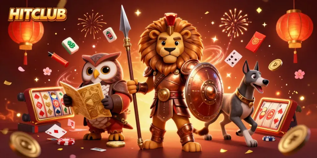 Join the excitement at HITCLUB with a dynamic scene of rich casino elements and vibrant characters.