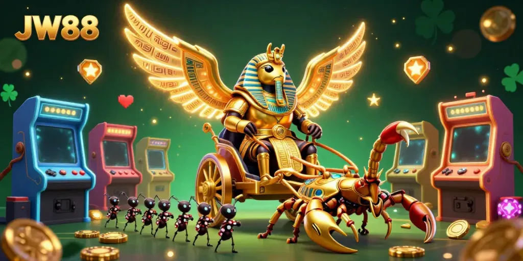 JW88 players enjoying a dynamic casino experience with a golden scarab character and vibrant game elements.