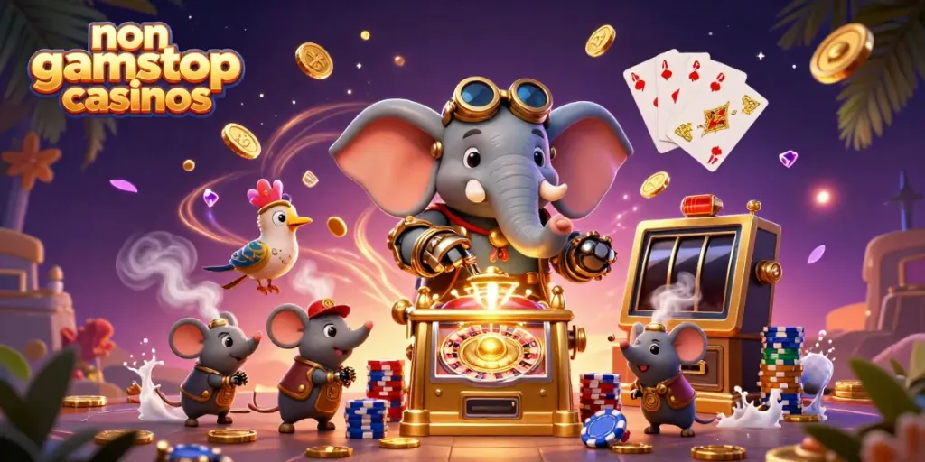 Experience excitement with non gamstop casinos featuring a steampunk elephant character and vibrant casino elements.