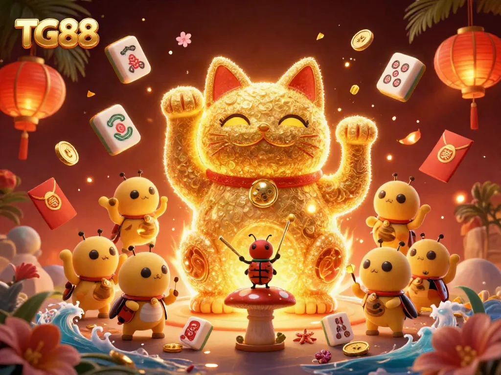 Engage with TG88's thrilling atmosphere featuring a lucky cat formed by fireflies amidst vibrant casino elements.