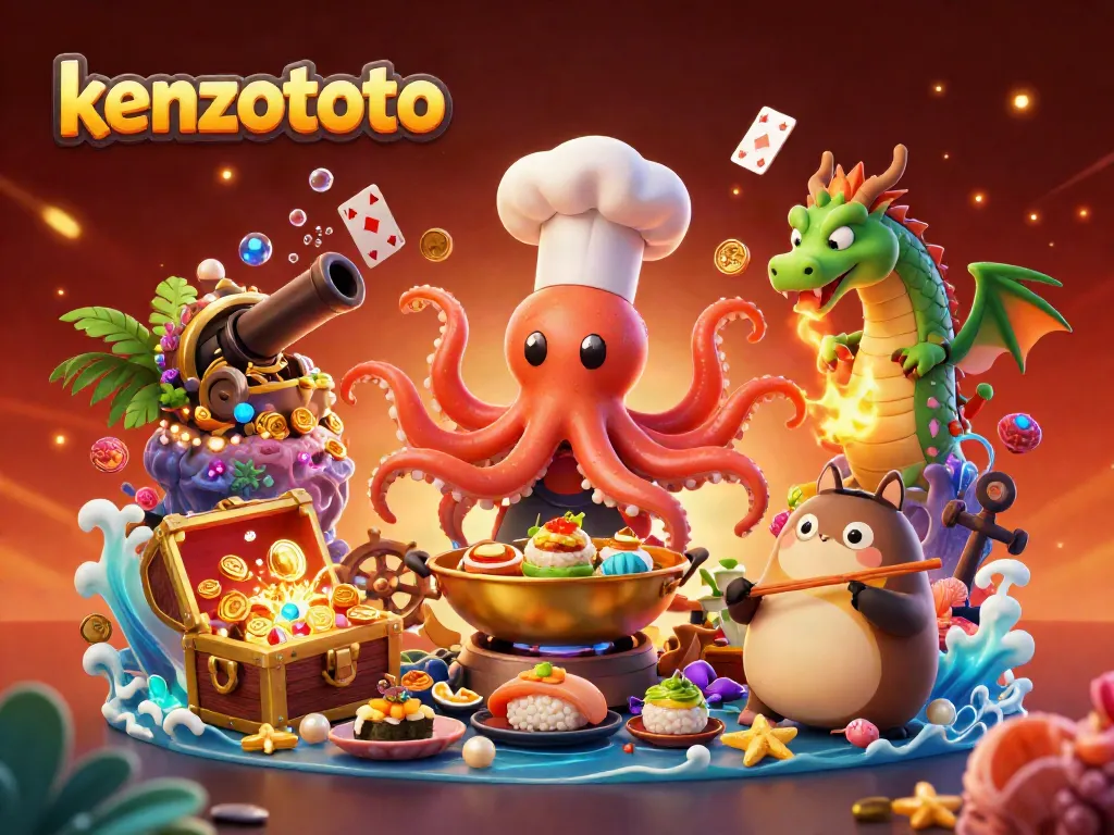 Experience the thrilling kenzototo platform with its vibrant 3D character scene featuring an octopus chef and dragon in a dynamic gaming environment.